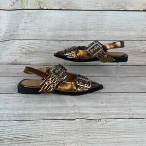 Ganni Ballerina Womens EUR 39 US 9 Buckle Flats Bronze Metallic